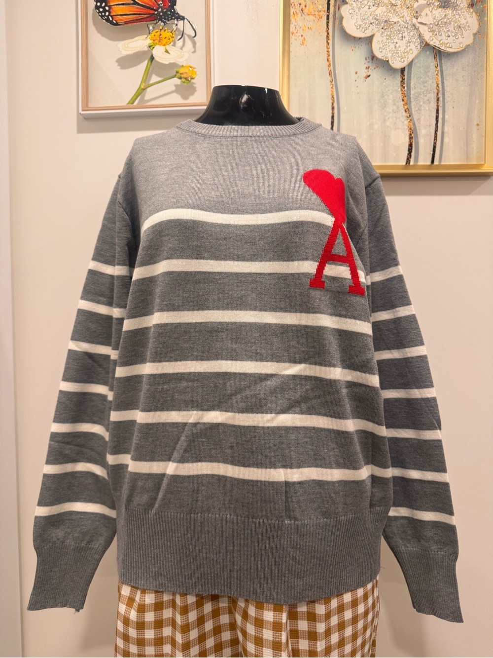 NEW KNITTED Men's Gray and White Striped Crewneck Sweater with Red 'A' Accent